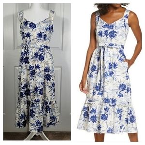 New Donna Ricco Midi Dress Sundress in Ivory & Blue Floral w/ Ruffle Hem